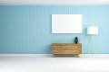 wood cabinet in blue wall living room 3d rendering